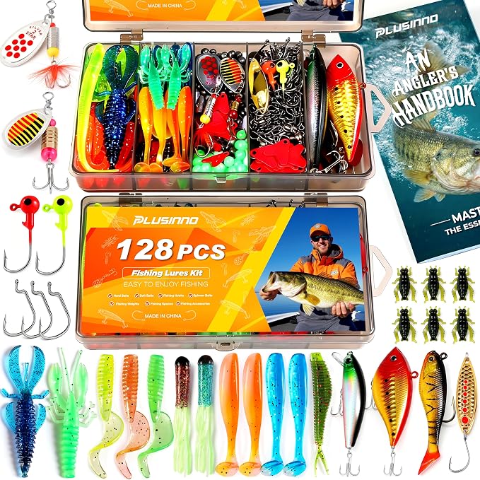 PLUSINNO Fishing Lures, All-in-One Fishing Tackle Box with Tackle Included, Fishing Gear Lure Bait Accessories Kit for Freshwater Bass Trout, Ideal Fishing Gifts for Men, Father & Beginners