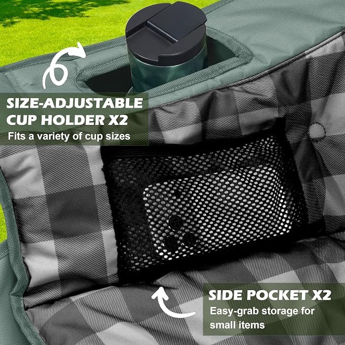 Youtanic 60" Extra Double Camping Chair, 700lbs Heavy Duty Padded Loveseat for Adults, Oversized 2 Person Folding Camp Couch with Dual Cup Holders, Portable Plaid Lawn Chair for Outside, Sports, Gray