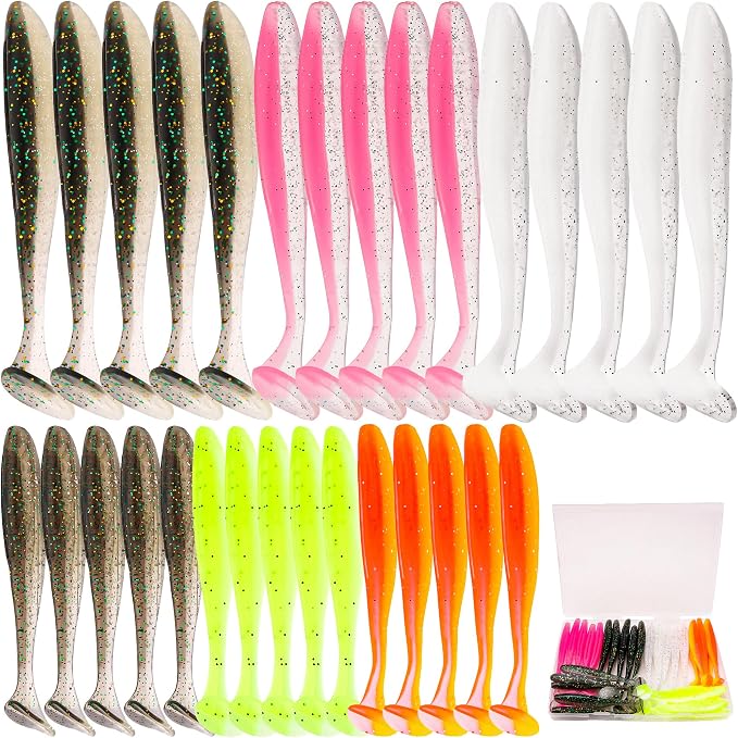 30pcs Soft Plastic Fishing Lures Paddle Tail Swimbaits Soft Baits Lure for Bass Crappie Trout Shad Freshwater Saltwater Fishing Mixed 3.5 Inch 4.7 Inch Swim Bait Kit with Box
