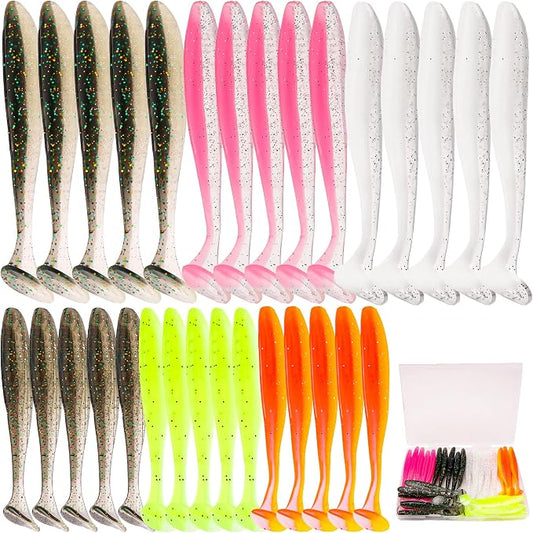 30pcs Soft Plastic Fishing Lures Paddle Tail Swimbaits Soft Baits Lure for Bass Crappie Trout Shad Freshwater Saltwater Fishing Mixed 3.5 Inch 4.7 Inch Swim Bait Kit with Box