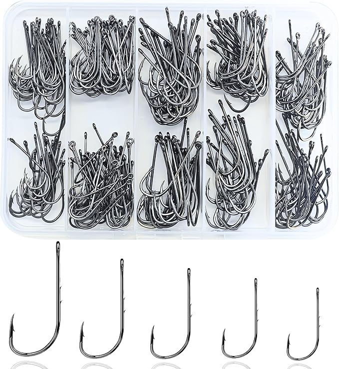 300pcs Fishing Hooks Set, Baitholder Hooks for Live Bait, Double Barb Long Shank Fish Hooks with Offset Point, High Carbon Steel Hooks for Crappie, Trout, Bass, Catfish, Panfish Size 1/0 1# 2# 3# 4#