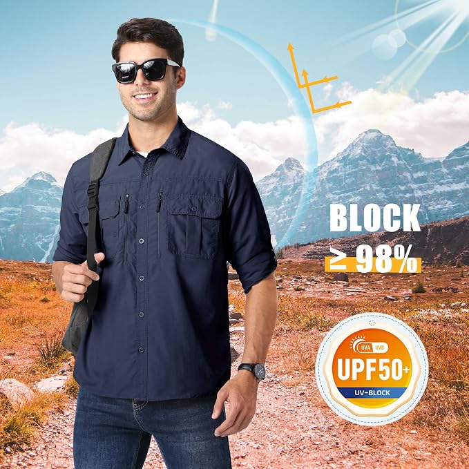 MAGCOMSEN Men's UPF 50+ Sun Protection Shirts, Button Down Long Sleeve Shirt for Hiking, Fishing, Safari