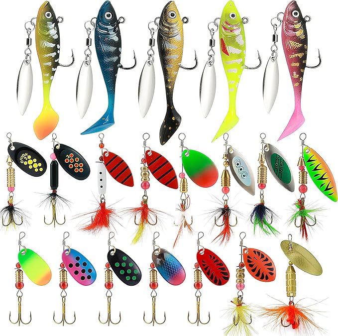 Fishing Spinner Lures Kit 10/15/16/20PCS, Inline Spinner Baits with Treble Hooks and Feather Tails, Metal Fishing Lures for Trout Bass Salmon Panfish, Multi-Color Freshwater Fishing Tackle Set