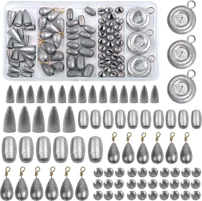 Fishing Weight Sinkers Kit, 81pcs Assorted Drop Bass Sinkers Split Shot Sinkers Coin Weights Saltwater Casting Fishing Sinkers Set with Tackle Box