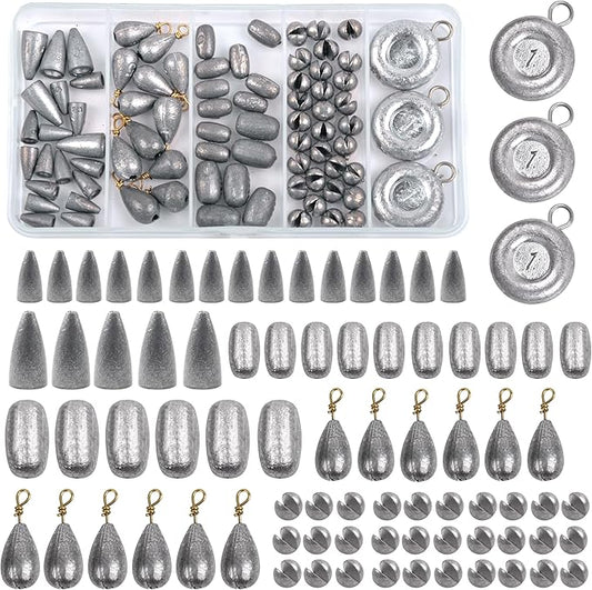 Fishing Weight Sinkers Kit, 81pcs Assorted Drop Bass Sinkers Split Shot Sinkers Coin Weights Saltwater Casting Fishing Sinkers Set with Tackle Box