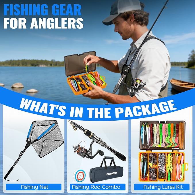 PLUSINNO Fishing Gear - Telescopic Fishing Rod and Reel Combo with Tackle Box, Collapsible Rod and Lures Box, Travel Fish Pole Starter Kit, Fishing Accessories Tackle Lure Kit Gifts for Men Bass Trout