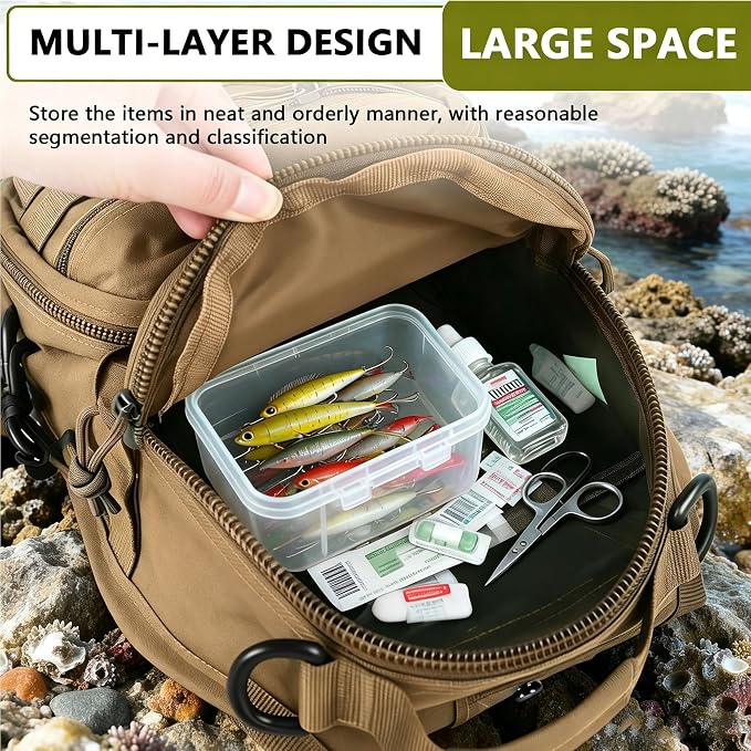 Fishing Backpack Small Fishing Tackle Storage Bag with 3 Methods of Carrying Large Capacity Sling Backpack for Outdoor Hiking Travel Hunting (Khaki)