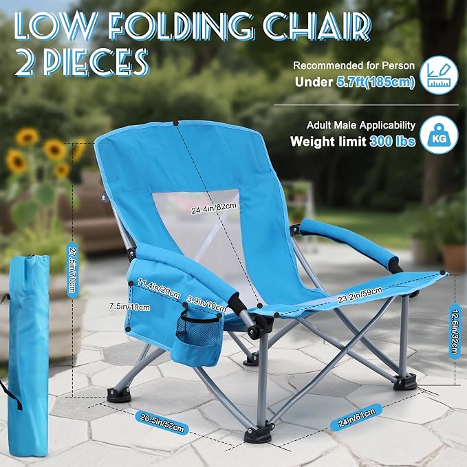 HaSteeL Low Beach Chairs for Adults, Lightweight Camping Folding Chair with Carrying Bag, Portable for Outdoors Lawn Backyard Patio RV Trip Fishing Sport Tailgating, Support 300LBS, Blue, 2 Pack