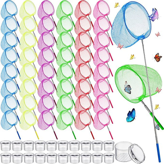 Arrowbash 48 Pcs Kids Butterfly Fishing Nets Bulk Colorful Telescopic Butterfly Fishing Nets with Stainless Steel Pole Handle 34 Inch with 20 Pcs Plastic Insect Bottle Nature Exploration Toys