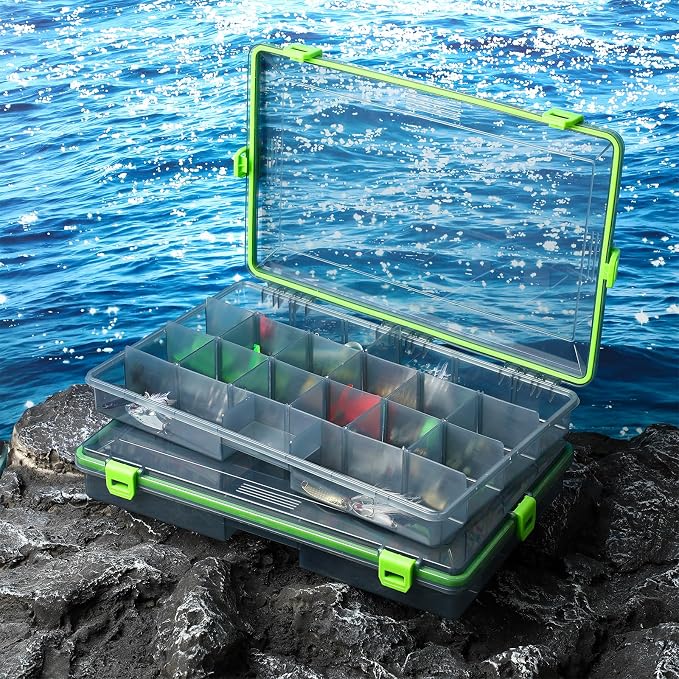 Wonderjune 6 Pack Fishing Tackle Boxes Waterproof 3600 and 3700 Tackle Trays with Removable Dividers Plastic Storage Organizer Bait Vault Camouflage Box for Freshwater Saltwater (Green,3700)