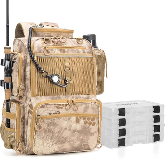 Rabjen Fishing Tackle Backpack with Rod Holders, Bottle Holder, Storage Bag Store Fishing Gear