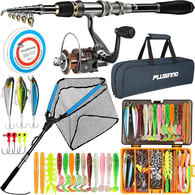 PLUSINNO Fishing Gear - Telescopic Fishing Rod and Reel Combo with Tackle Box, Collapsible Rod and Lures Box, Travel Fish Pole Starter Kit, Fishing Accessories Tackle Lure Kit Gifts for Men Bass Trout