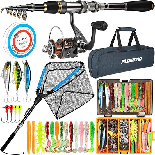 PLUSINNO Fishing Gear - Telescopic Fishing Rod and Reel Combo with Tackle Box, Collapsible Rod and Lures Box, Travel Fish Pole Starter Kit, Fishing Accessories Tackle Lure Kit Gifts for Men Bass Trout