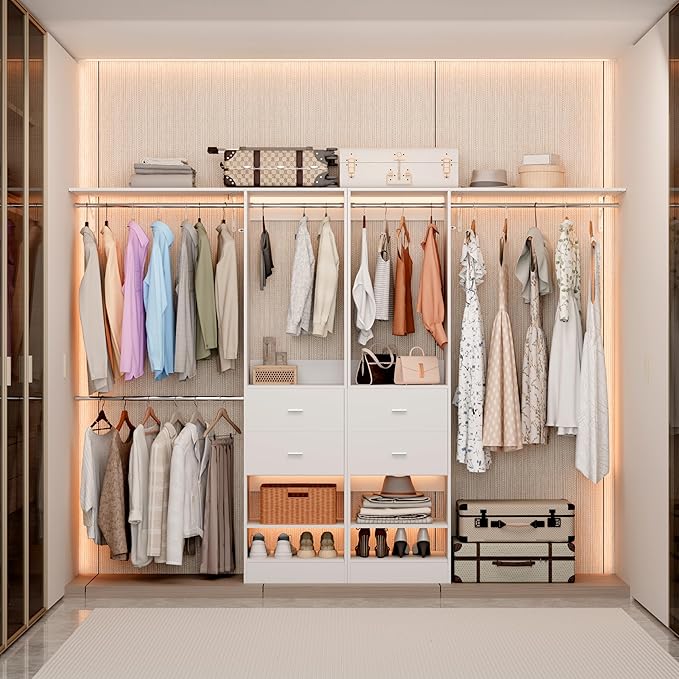 Closet System Set of 2, Closet Organizer System With 4 Wood Drawers, Walk-In Closet Storage System With 10 Hanging Rods, Adjustable Cloth Garment Rack, Fits Spaces 6Ft-14Ft, White