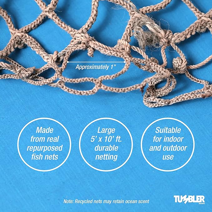 Fishing Net Decor, 5' x10' Decorative Fishing Net for Nautical, Mermaid, Pirate or Beach Themed Party or Room. Real Recycled Fish Netting for Decoration