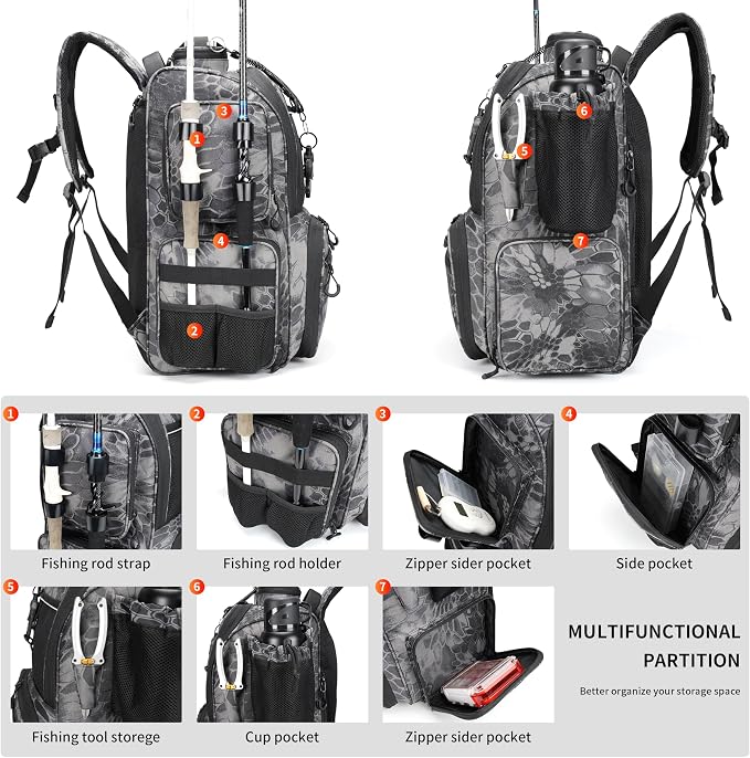Rabjen Fishing Tackle Backpack with Rod Holders, Bottle Holder, Storage Bag Store Fishing Gear