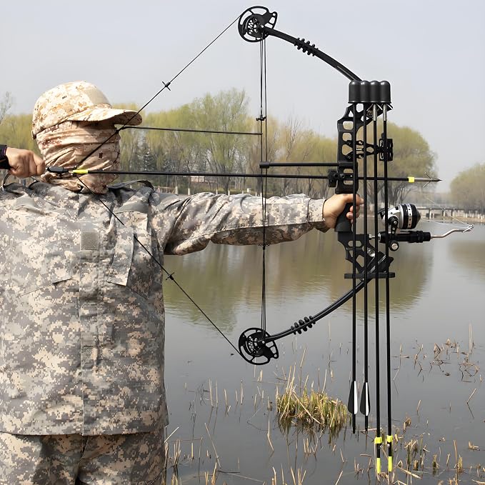 Bow Fishing Combo Kit 20-70 LBS Hunting Compound Bow Fishing Bow Set with Bowfishing Arrow and Fishing Reel for Bowfishing Archery Hunting Left & Right Handed Black