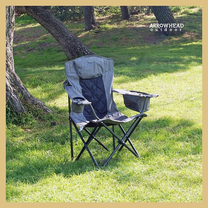 ARROWHEAD OUTDOOR 2-Pack Portable Deluxe Folding Camp Quad Chair w/Headrest, Glass & Cup Holders, Armest 6-can Cooler, Heavy Duty Carry Bag, 550 lbs Weight Capacity