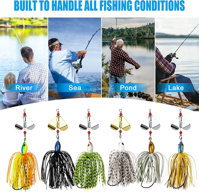 Spinnerbait Fishing Lures Kit Set, 6pcs Bass Fishing Buzzbait Multicolor Bass Trout Salmon Metal Spinner Baits Swim Jigs Freshwater Saltwater Fishing