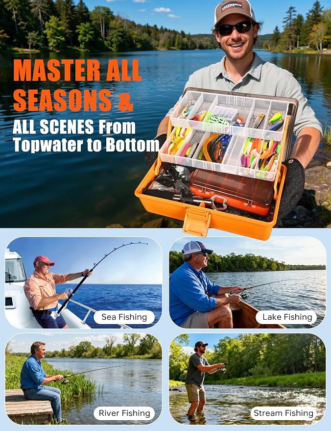 Large 3-Layer Tackle Box with Tackle Included, 417Pcs Fishing Lures Kit with Bonus Small 2-Sided Box & Gloves, Pliers, Crankbait, Hooks, Freshwater Bass Fishing Gear Gift for Men & Kids
