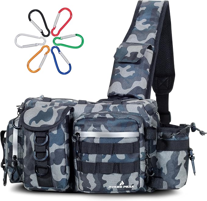 PYKES PEAK Fishing Bag | Waterproof Tackle Bag with Large Capacity | Includes 6 Carabiners | Versatile Fishing Shoulder Bag | Camouflage Grey | L Size - Designed in Japan