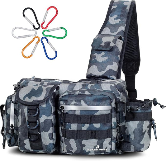 PYKES PEAK Fishing Bag | Waterproof Tackle Bag with Large Capacity | Includes 6 Carabiners | Versatile Fishing Shoulder Bag | Camouflage Grey | L Size - Designed in Japan