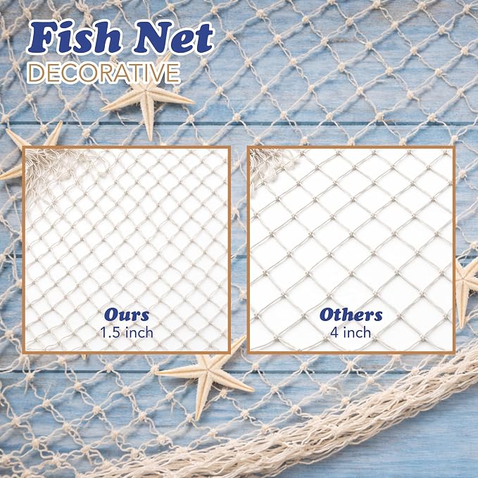 4E's Novelty Fish Net Decorative - Pack of 3 - Natural Cotton Fishnet Decor - Each 14 x 4 feet - for Mermaid Party Decorations, Luau Tropical Nautical Beach Table Cover