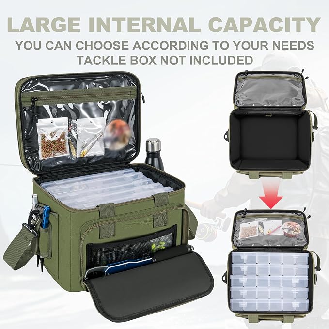 Fishing Tackle Bags, 19L Waterproof Tackle Box Organizer Shoulder Storge for Saltwater & Freshwater Fly Fishing Gear and Equipment, holds 3400-3600 Size Tackle Boxes (Bag Only, Green)