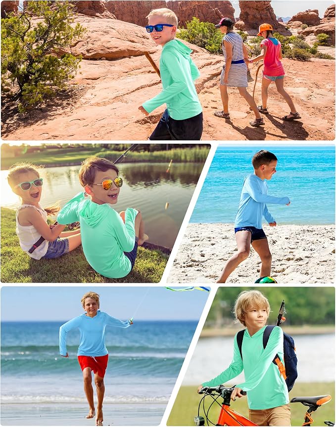 Roadbox Boys Rash Guard Hooded Fishing Shirt, Kids UPF 50+ Long Sleeve Sun Hoodie, Youth UV Protection Beach Swim Shirts