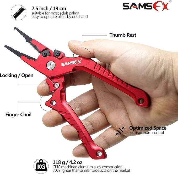 SAMSFX Aluminum Fishing Pliers Hook Remover Braid Line Cutter with Coiled Lanyard, Fly Fishing Knot Tying Tool & Retractors