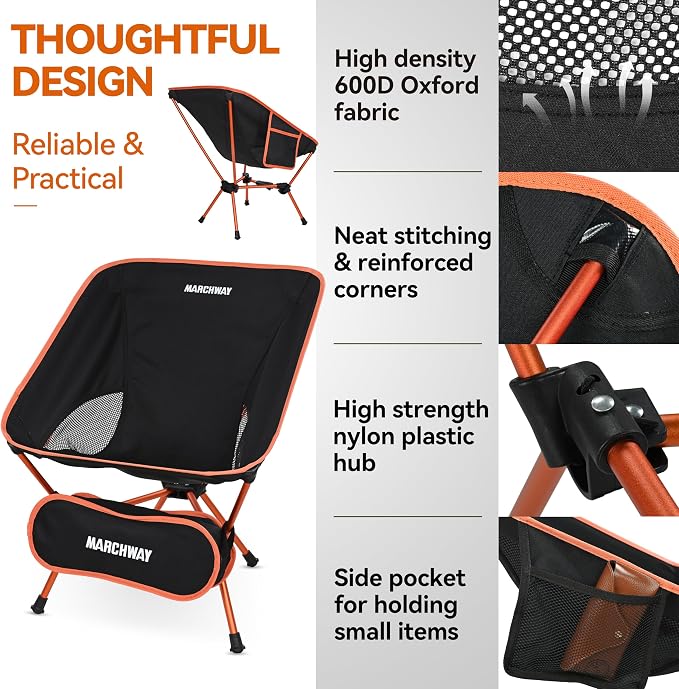 MARCHWAY Lightweight Folding Camping Chair with Spring Lock, Stable Compact Portable for Outdoor Camp, Travel, Beach, Picnic, Festival, Hiking, Backpacking (Lowback Orange)