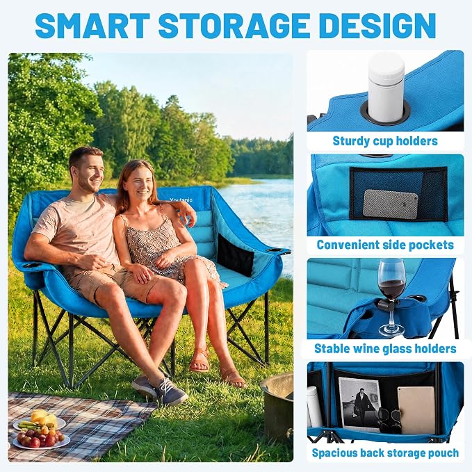 Youtanic Oversized Double Camping Chair, Folding Loveseat Camping Couch with Pocket, Cup Holder and Carry Bag, Heavy Duty Portable Camping Chairs for Adults, Fishing, Sports, Trip, up to 660lbs, Blue