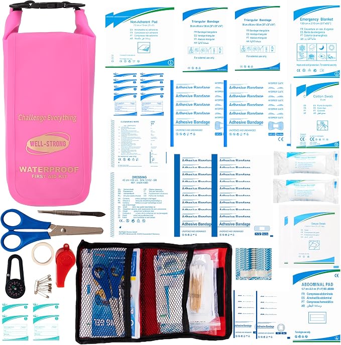 Boat First Aid Kit Waterproof, WELL-STRONG Marine Emergency Kit with Roll Top Dry Bag for Boating Fishing Kayaking – Water-Resistant Contents for Camping & Beach（Transparent Pink）
