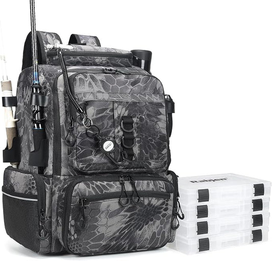 Rabjen Fishing Tackle Backpack, 45L Storage Waterproof Travel Bag Store Fishing Gear with Insulated Top Pocket