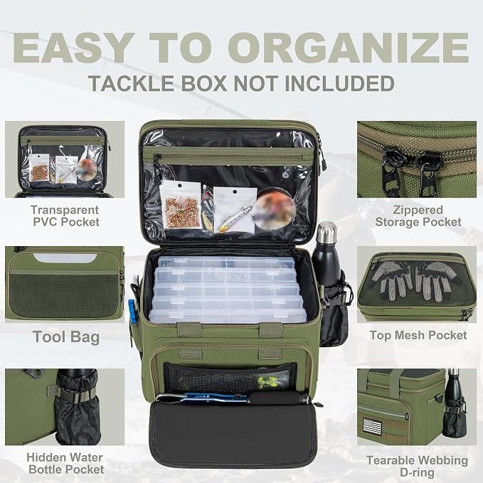 Fishing Tackle Bags, 19L Waterproof Tackle Box Organizer Shoulder Storge for Saltwater & Freshwater Fly Fishing Gear and Equipment, holds 3400-3600 Size Tackle Boxes (Bag Only, Green)