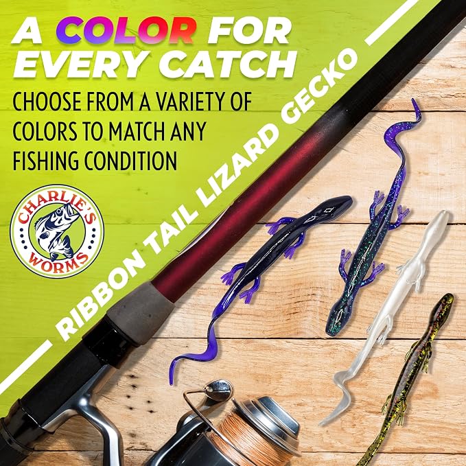 Charlie's Worms Lizard Gecko, Scented Soft Bait for Freshwater & Saltwater Fishing, Durable Lures for Bass, Trout, Reptiles, Aquatic Frogs, Minnows, Feeder Bait, 8pk, Green Pumpkin