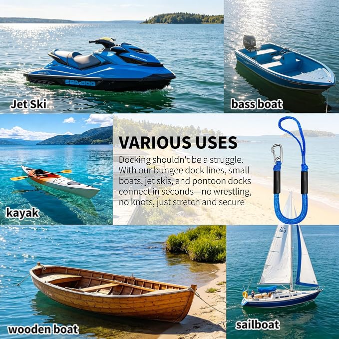 3FT Boat Dock Line Shock Absorbing Mooring Bungee Dock Lines for Boats Accessories Ideal for SeaDoo, Kayak, Pontoon, Power Boat 2PCS(Blue, 3FT-Single Clips)