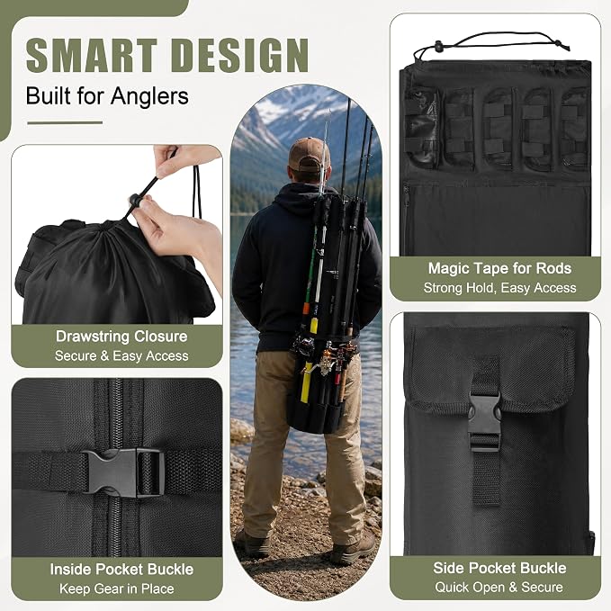 AGOOL Fishing Pole Bag with Rod Holder Fishing Rod Bag, 5 Rod & Reel Organizer Bag Waterproof Large Capacity Fishing Tackle Storage Bag Travel Carry Case Fishing Gifts for Men