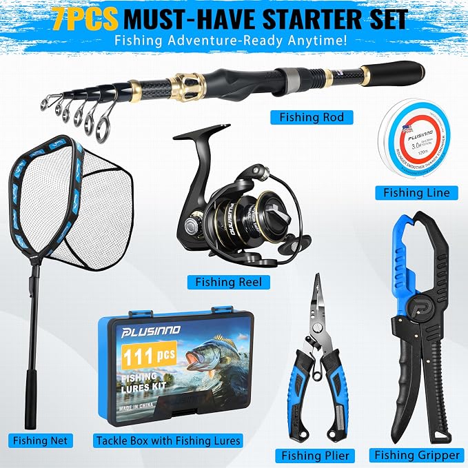 PLUSINNO Fishing Gear,Full Fishing Pole kit Include Fishing Rod and Reel Combo, Tackle Box with Fishing Lures, Fishing Accessories, Fishing Pliers,Fishing Gifts for Men with Fishing Tool Kit
