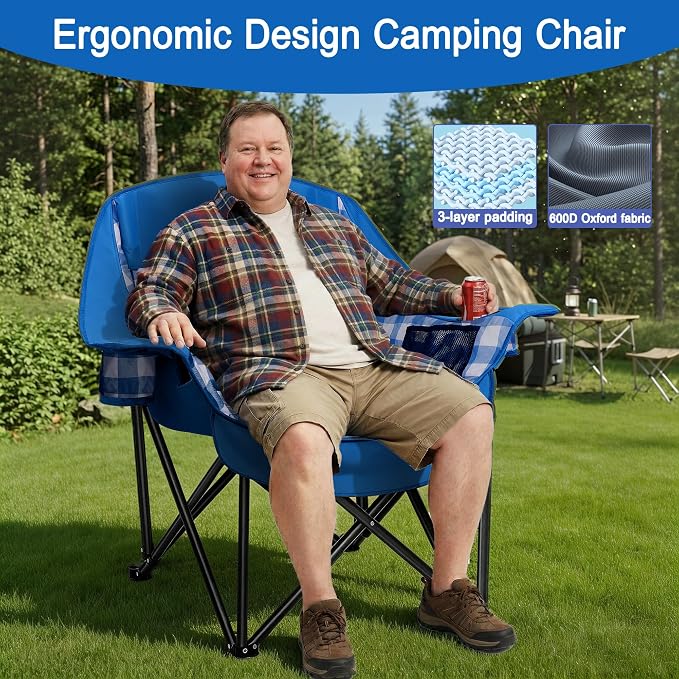 Youtanic Oversized Extra Large Padded Camping Chair, Heavy Duty 400 lbs Foldable Lawn Chair, Ergonomic Outdoor Seat with Plaid Design, Cup Holders & Storage Pockets for Fishing, Sports, Blue