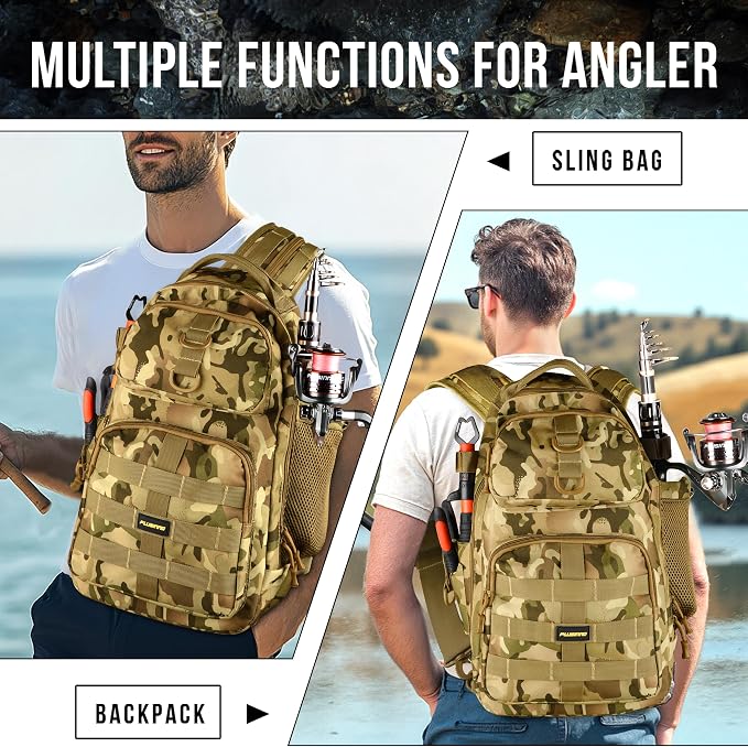 PLUSINNO Fishing Backpack with Tackle Boxes, Waterproof Sling Tackle Bag For Fishing Gear With Rod Holder, Fish Gifts for Men With Fish lures, Fish pliers.