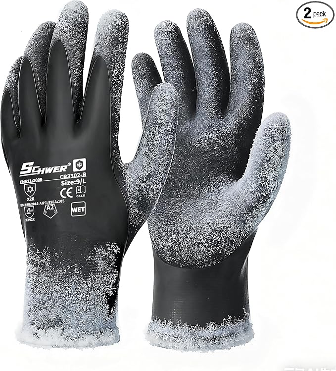 Schwer 2 Pairs 100% Waterproof Winter Work Gloves, ANSI A2 Cut Resistant Freezer Gloves for Outdoor Cold Weather Keep Hands Warm, Thermal Insulated Gloves for Shoveling Snow, Ice Fishing, XXL