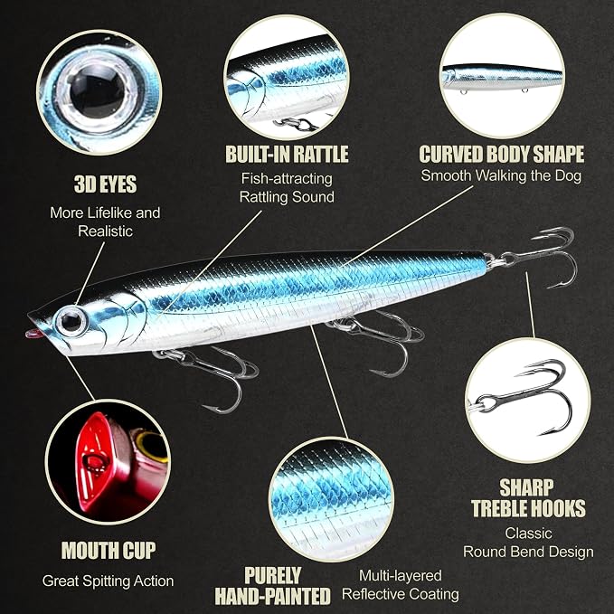 LUCKY CRAFT Gunfish 95 3 Hook Freshwater Fishing Lures and Bait for Bass Fish, Topwater Fish Line, Surface Bait with Treble Hooks, Fishing Gear for Tackle Box