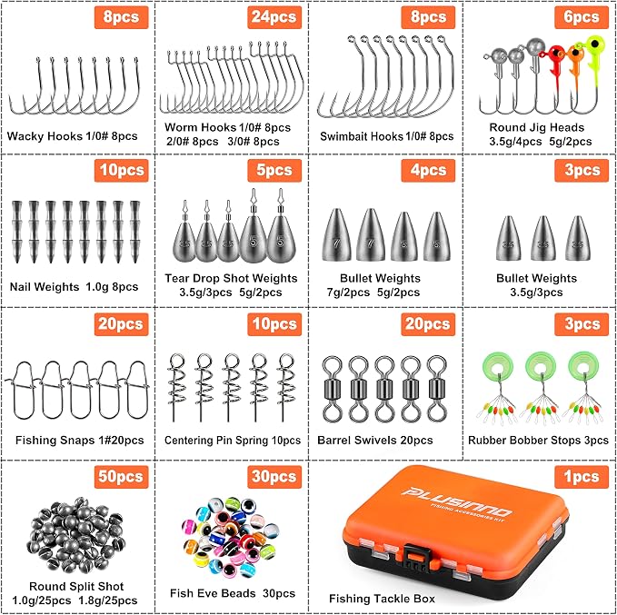 PLUSINNO 253/387pcs Fishing Gear Accessories Kit, Fishing Tackle Box with Tackle Included, Fishing Hooks, Fishing Weights Sinkers, Spinner Blade, Fishing Equipment for Bass Trout Bluegill Crappie