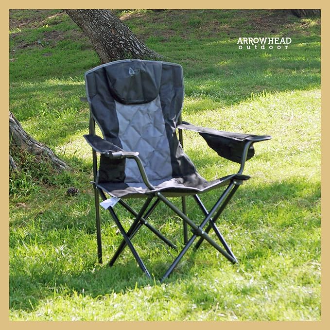 ARROWHEAD OUTDOOR Portable Deluxe Folding Camp Quad Chair w/Headrest, Glass & Cup Holders, Armest 6-can Cooler, Heavy Duty Carry Bag, 550 lbs Weight Capacity