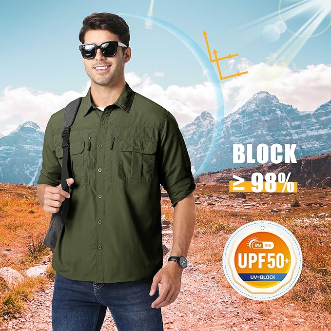 MAGCOMSEN Men's UPF 50+ Sun Protection Shirts, Button Down Long Sleeve Shirt for Hiking, Fishing, Safari