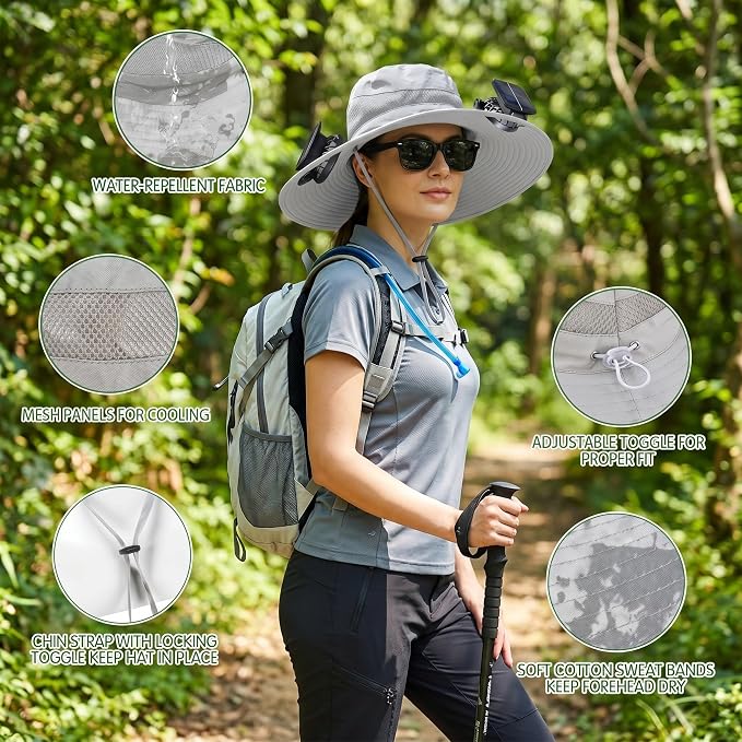 Syhood Solar Powered Fan Hat Neck Gaiter Arm Sleeves Sun Bucket Hat with Fan Cooling Wide Brim Hats for Fishing Hiking