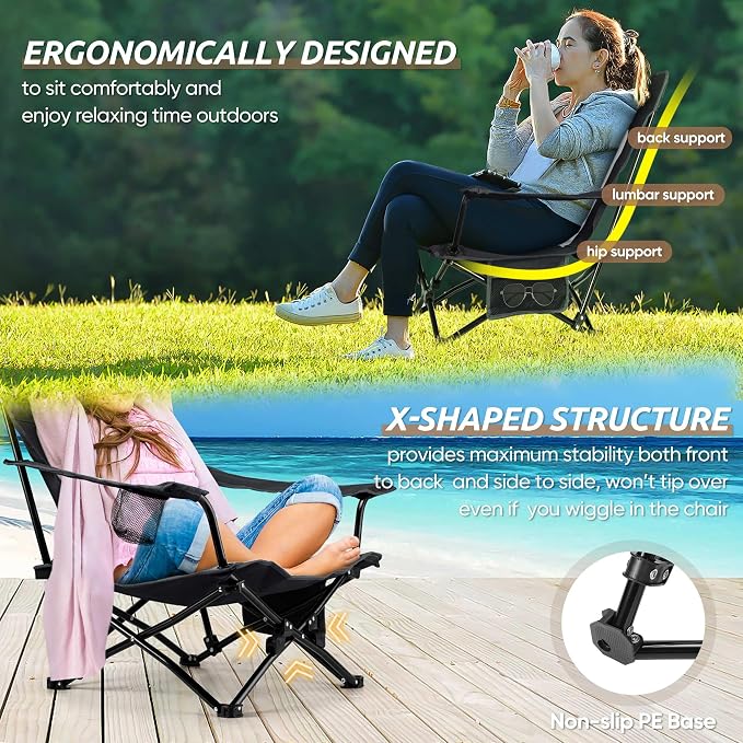 HaSteeL Folding Beach Chair Set of 3, Foldable Black Camping Chairs & Grey Table for Outside, Low Beach Chair Portable for Adults Fishing, Picnic, Outdoor BBQ, Cup Holder & Storage Bag