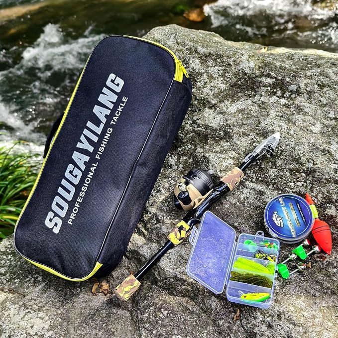 Sougayilang Kids Fishing Rod and Reel Combo,Light Weight Fishing Pole with Spincast Fishing Reel Tackle Bag Lures for Youth,Girls and Boys Good Starter Fishing Kit
