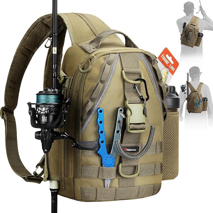 Piscifun Fishing Backpack with Rod Holder, Lightweight Sling Bag Storge Gear and Equipment